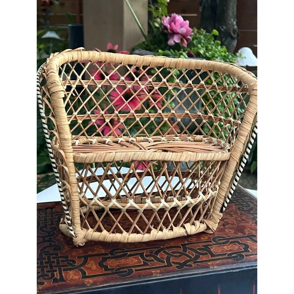 1970’s Vintage Mini Wicker Rattan Doll Chair + Bunny Cottagecore Boho Decor